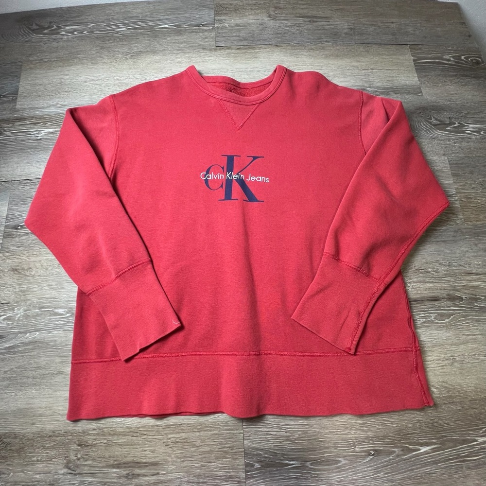 Calvin Klein Jeans Sweatshirt Mens Large Red 90s Vintage CK Logo Crewneck